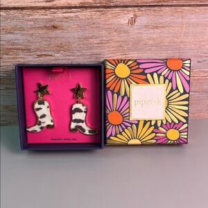 Piper K Black and White Cow Print Boot Earrings with a star NIB